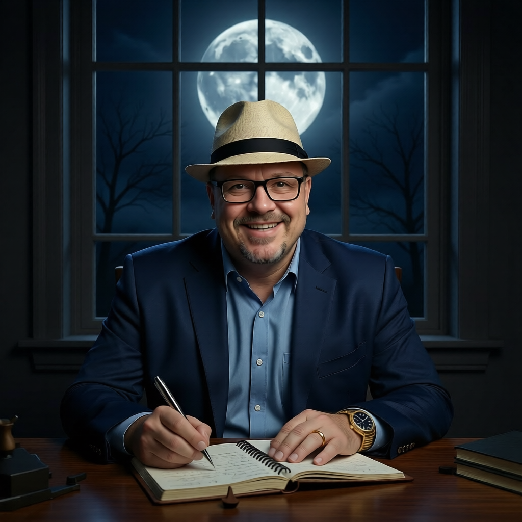 Dave Langley writing at his desk by moonlight